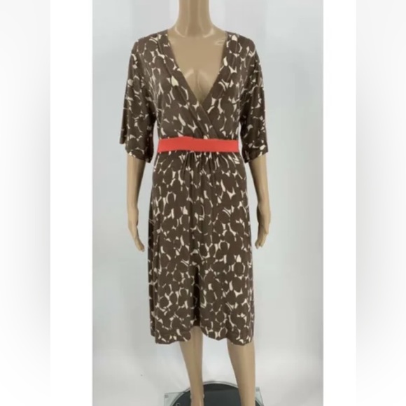 Boden Wool Midi Dress Brown Floral Lined SEXY VNeck Hot Pink Women’s 4L LONG EUC - Picture 1 of 8